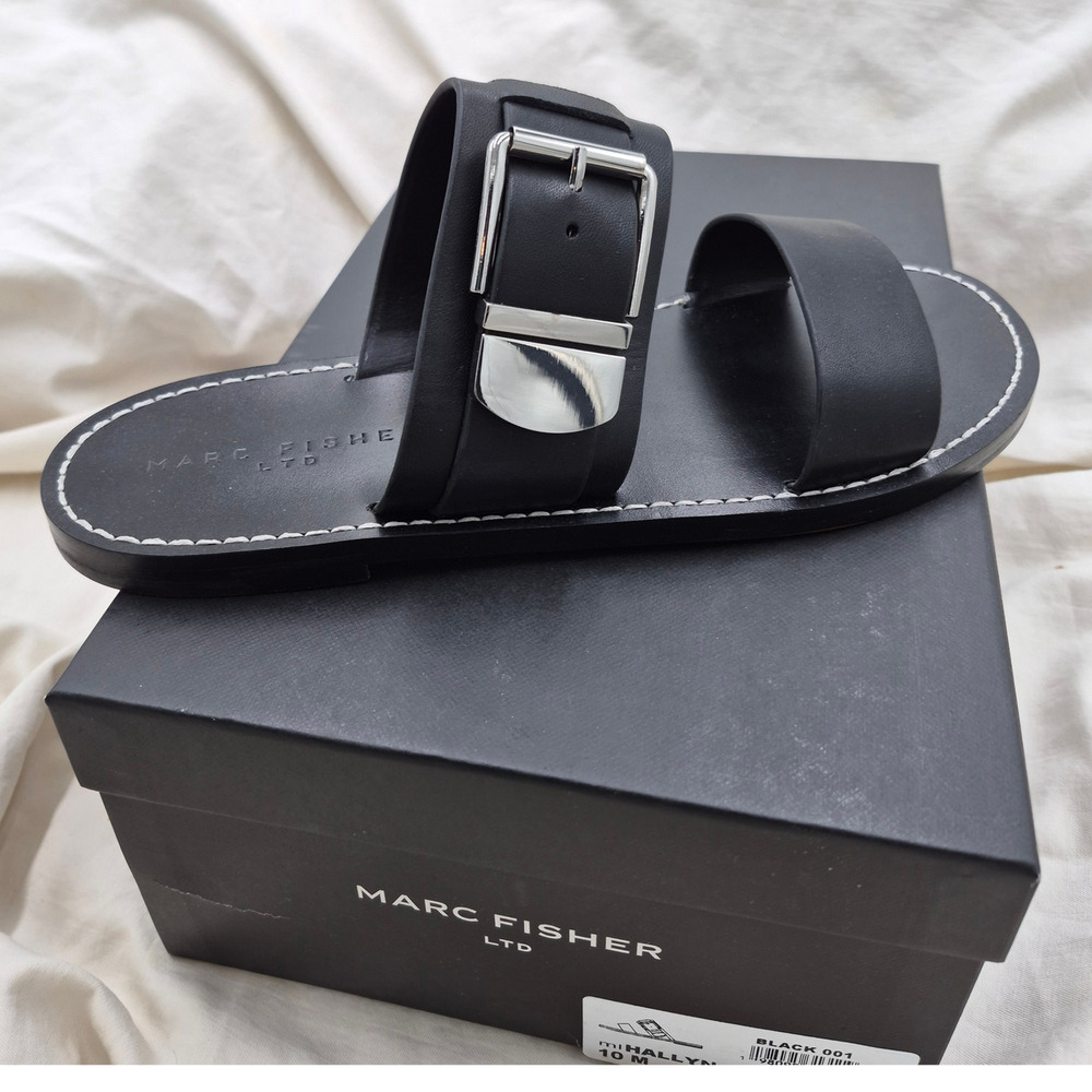 Marc Fisher Black Slide Sandals with Silver Buckle Accent